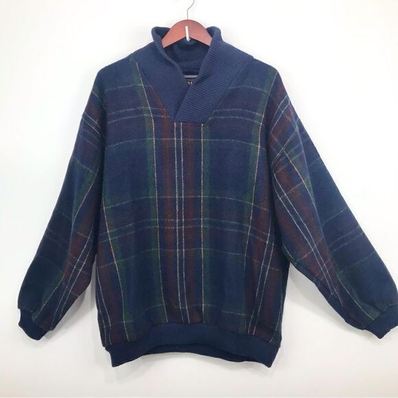 Retro Series by DSI Blue Green Plaid 100% Wool Retro Pullover - Picture 1 of 13
